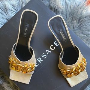 VERSACE 💫 MEDUSA CHAIN MID-HEEL METALLIC MULES 40